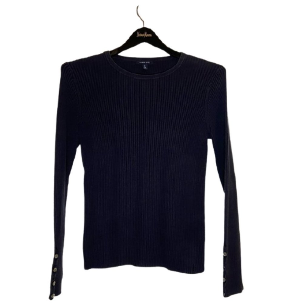 Lands End Sweater Womens M 10-12 Navy Blue Ribbed Knit Crewneck Button Cuff